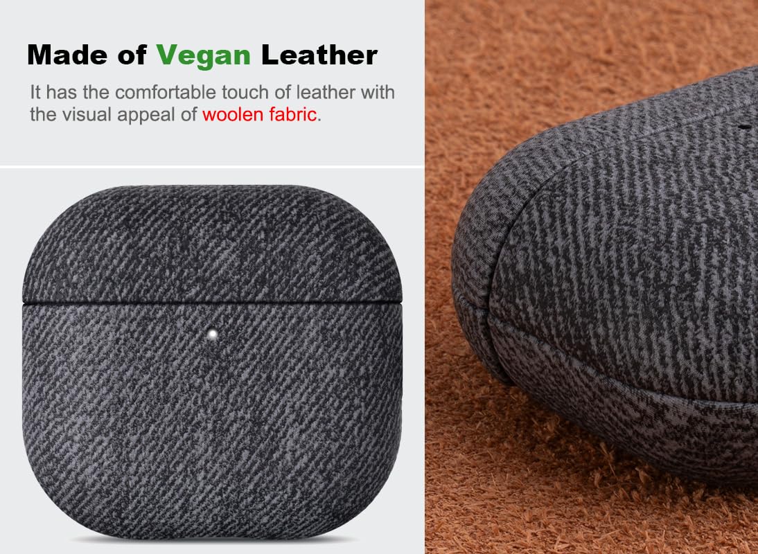 Haobobro Handmade Case - for AirPods 4 Case Cover - Selected Skin-Friendly Vegan Leather, Woolen Fabric Cloth Style, Drop Protective Hard Cover for AirPods 4th Generation Earbuds - Black