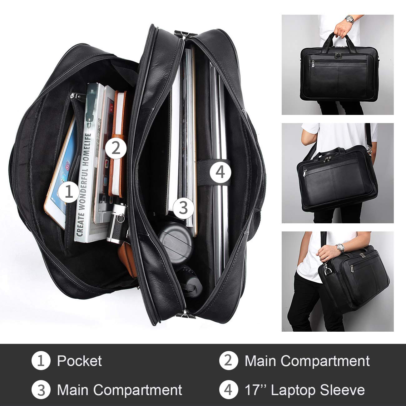Augus Mens Leather Briefcase Messenger Bag Waterproof Travel Business Duffle Bags for Men 17 Inch Laptop Bag Black YKK Zipper