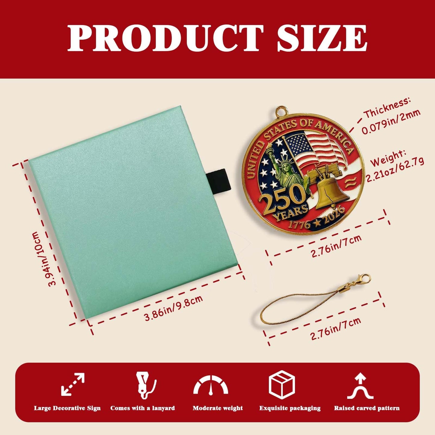 ALRALLI United States 250th Anniversary Ornament 1776-2026, America 250 Patriotic Metal Hanging Decoration with Cord, Storage Pouch, Liberty Bell Keepsake for Christmas Tree, Independence Day Gift