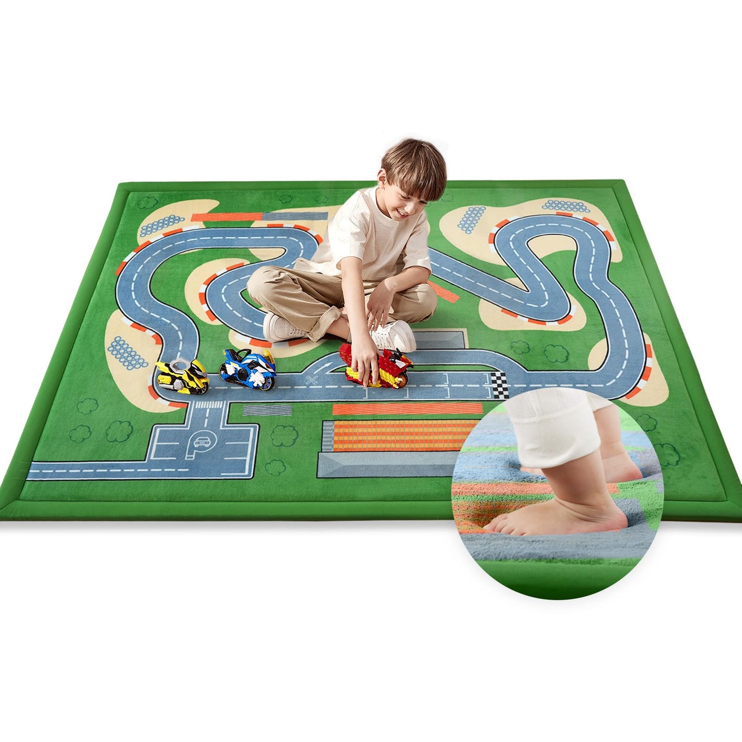 PaPaMat 1.3" Thick Educational Baby Floor Play Mat 59x79, Basic Padded Memory Foam Kids Mat, Non-Slip Plush Playmat for Nursery Playroom Classroom (Race Track)