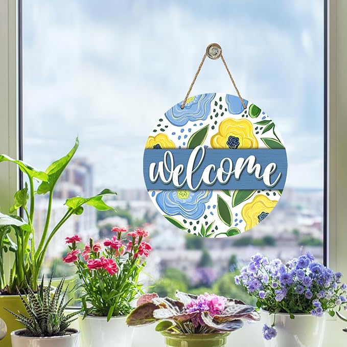 Welcome Spring Summer Flower Front Door Sign, Blue Yellow Floral Wood Door Hanger Outdoor Outside Porch Decor, Seasonal Farmhouse Wooden Wreath Indoor Wall Hanging Decoration