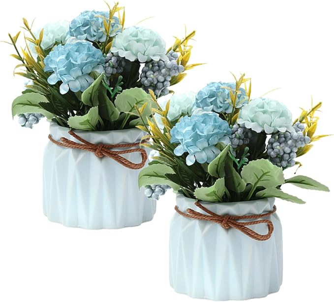 2 PCS Mini Hygrangea Artificial Flowers in Vase, Small Centerpiece Table Decorations - Fake Plant in Vase, Faux Hydrangea Flower Decor for Home, Wedding, Office and Party