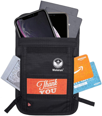 RFID Blocking Stash Neck Wallet, Passport Holder Travel Pouch for Women Men - Black