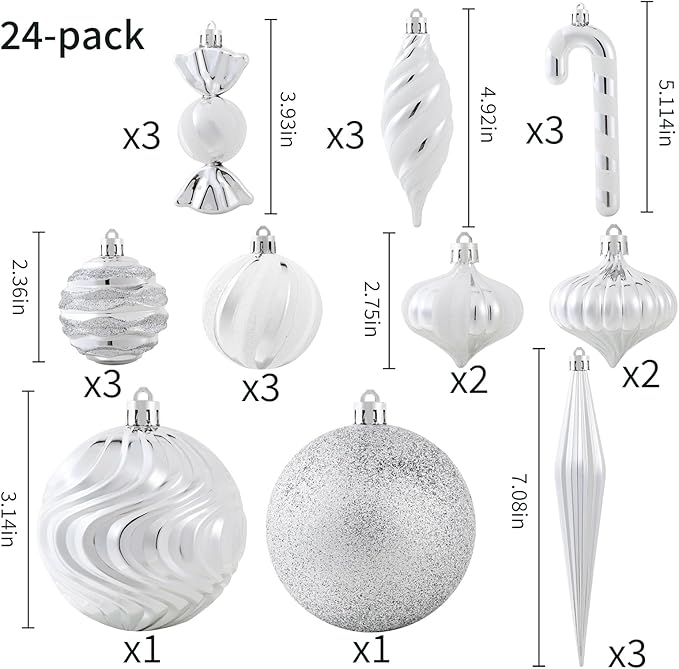 Christmas Ball Ornaments Set Shatterproof Christmas Tree Ornaments 24 PCS Painted Shaped Styles Xmas Tree for Holiday Decor,Silver