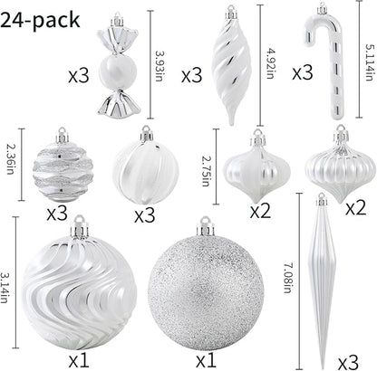 Christmas Ball Ornaments Set Shatterproof Christmas Tree Ornaments 24 PCS Painted Shaped Styles Xmas Tree for Holiday Decor,Silver