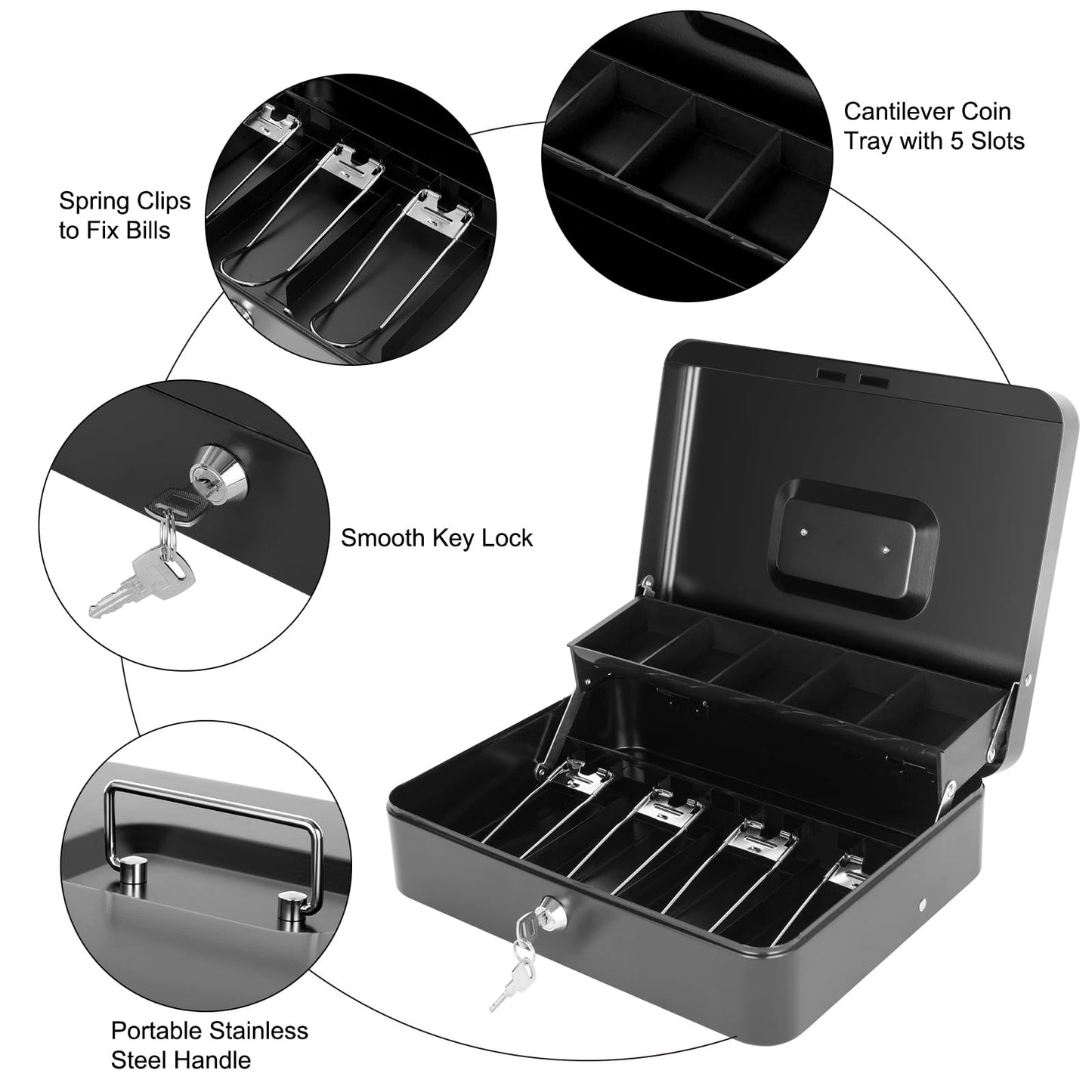 Cash Box with Money Tray and Lock, Metal Money Box for Cash Register, Large Cash Lock Box for Money Safe Includes 5 Slots Coin Tray, 4 Bill Slots, 4 Keys, 11.8" x 9.4" x 3.54" Black