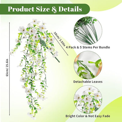 Artificial Fake Hanging Flowers Plants for Outdoor Spring Summer Decoration, 4pcs Faux Silk Realistic UV Sun Resistant Daisy for Outside Porch Patio Window Box Yard Home Decor (White)