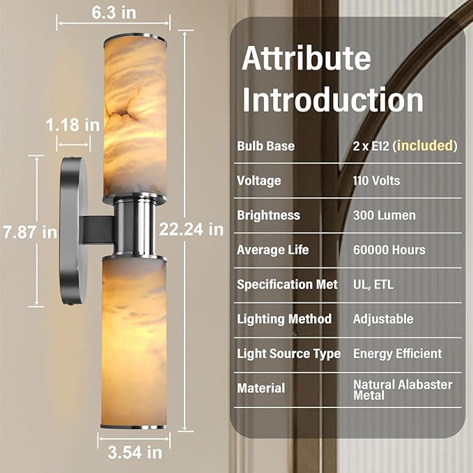 22.2" Alabaster Wall Sconce, Brass Bathroom Wall Sconce, Spanish Natural Marble Sconces Modern Wall Lights Lamps for Bedroom Living Room Stairs Indoor Hallway Vanity, Nickel