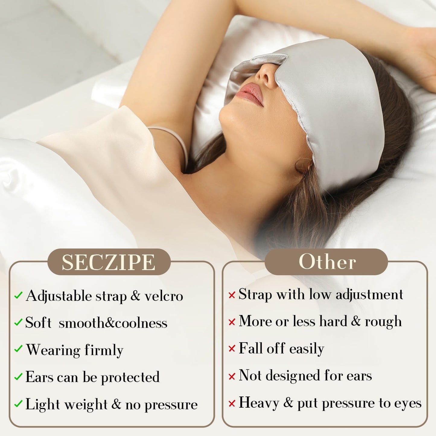 100% Mulberry Silk Sleep Mask Eye Mask for Women Man with Adjustable Band, for Side Sleeper Blackout Sleep Mask for Travel Rest and Office Large Size (Taupe)