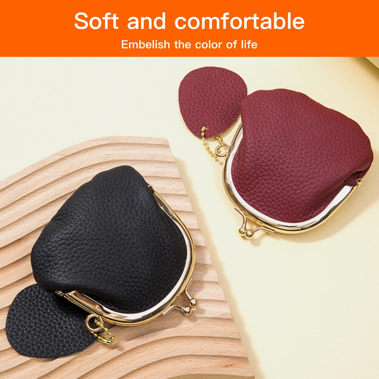 Leather Kisslock Coin Purse for Women, Compact Vintage Style Coin Pouch with Key Holder, Gift for Girls (Black)