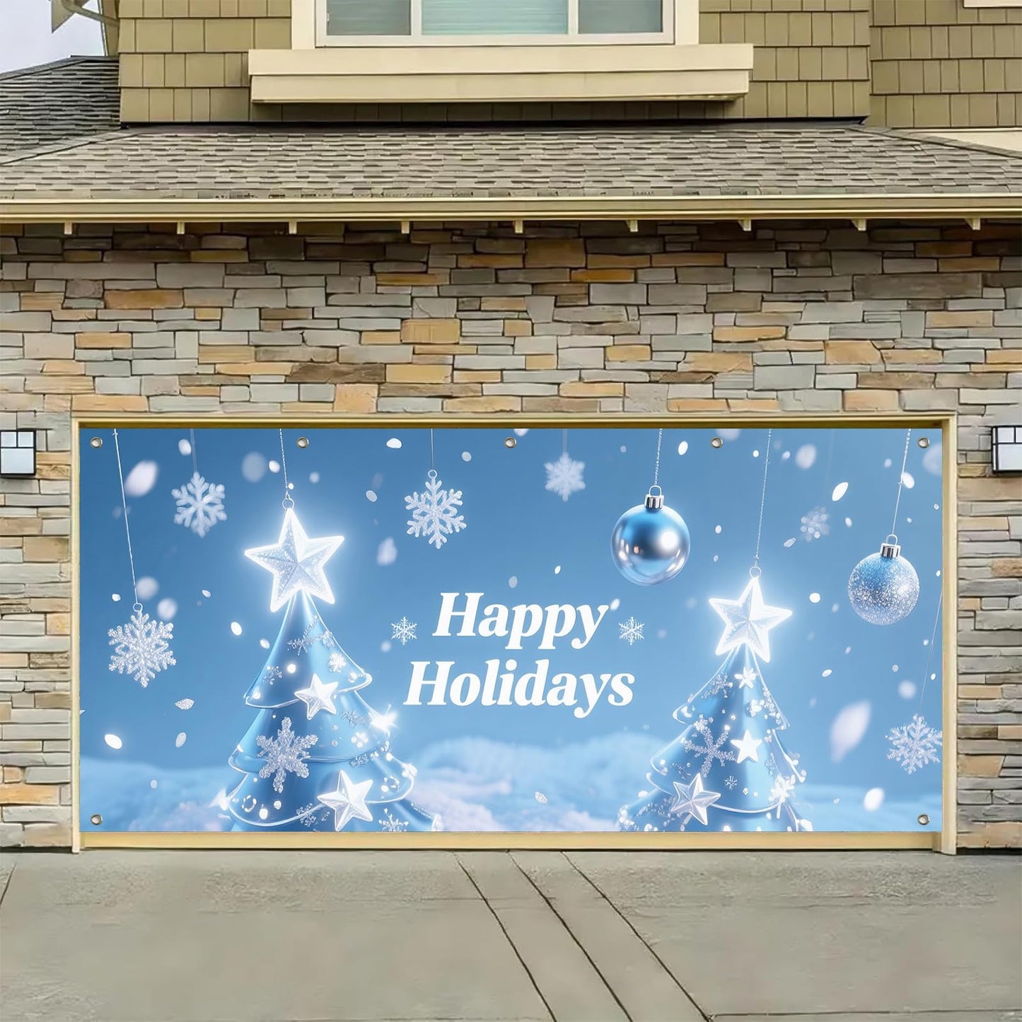 HOMETITUTE Happy Holidays Garage Door Banner 13x6ft Christmas Tree Snowflakes Theme Backdrop Holiday Seasonal Decor Door Cover Banners for Outside Garage Wall Covering for Party Garage
