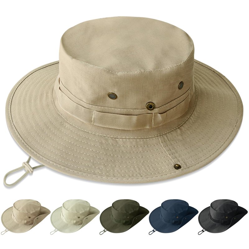 PFFY Sun Boonie Hats for Men UPF 50+ Bucket Hat for Fishing Hiking Safari Hunting Khaki（with Webbing