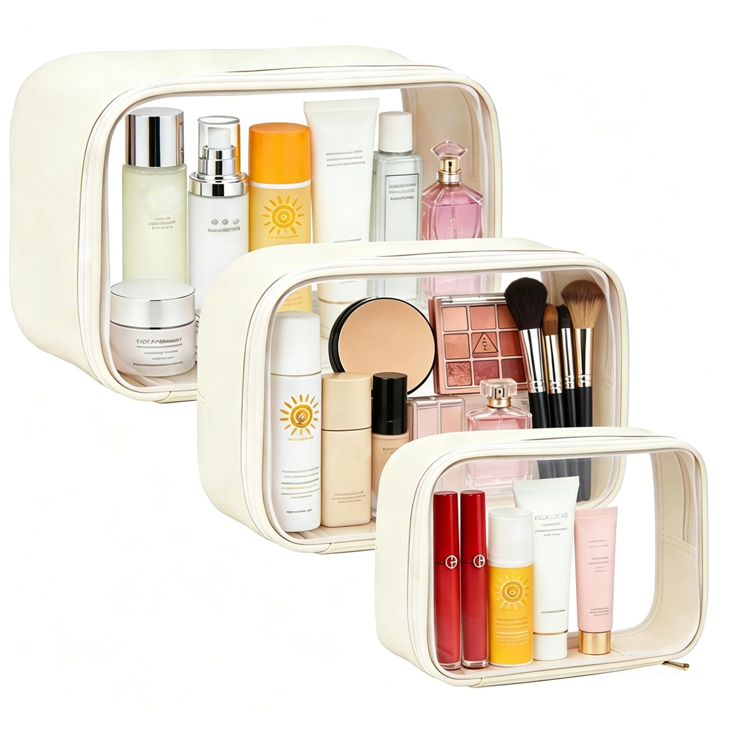 FFpaw Travel Clear Makeup Bag Set for Women, 3 Pack Travel Size Toiletry Bag with Zipper Small Makeup Pouch for Purse Waterproof Portable Cosmetic Case Compact Car Organizer Storage Bag (Beige Set)