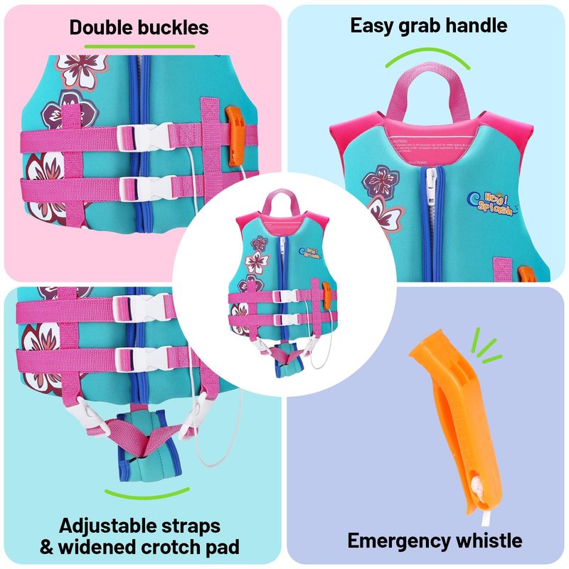 HeySplash Toddler Swim Vest, Kids Swimming Jacket Toddler Floaties with Adjustable Strap, Float Jacket for Puddle Pool Jumper, Beach, Boating, Learn to Swim Aid Fits 6-9Years/50-80Lbs, Lake Blue