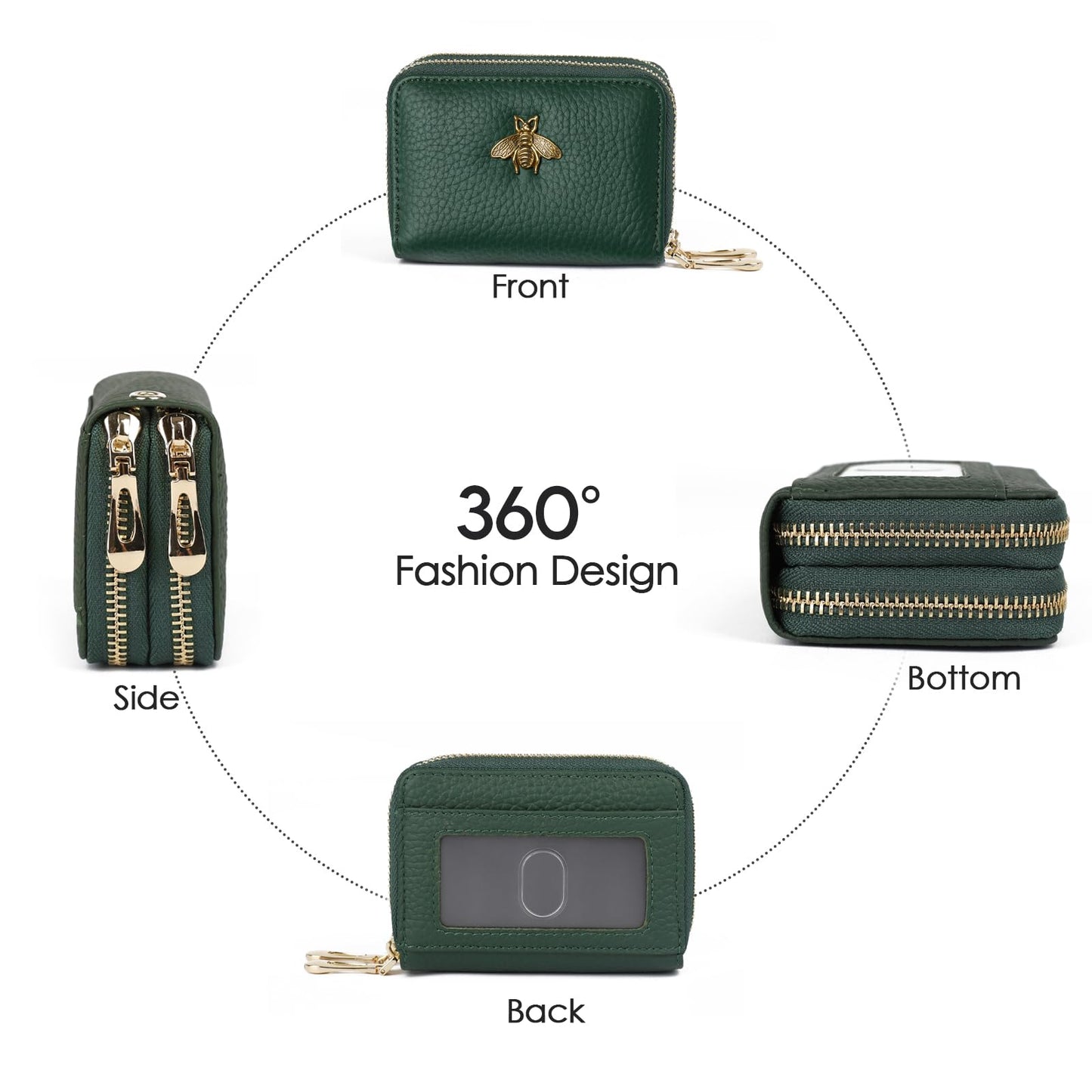imeetu RFID Credit Card Holder, Small Leather Double Zipper Card Case Wallet for Women (Max,Green)