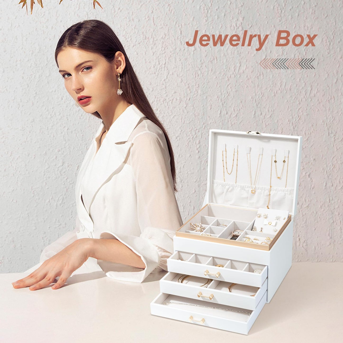 V-LAFUYLIFE Jewelry Box for Women,4-Layer Leather Jewelry Holder Organizer with 3 Drawers Large Jewelry Storage Boxes, Lots of Storage Space For Ring,Necklace,Bracelets,Earring（White）