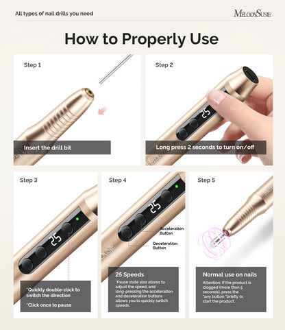 MelodySusie Cordless Nail Drill, PC180G 25,000RPM Rechargeable Electric Nail File with Nail Drill Bits,Sanding Bands
