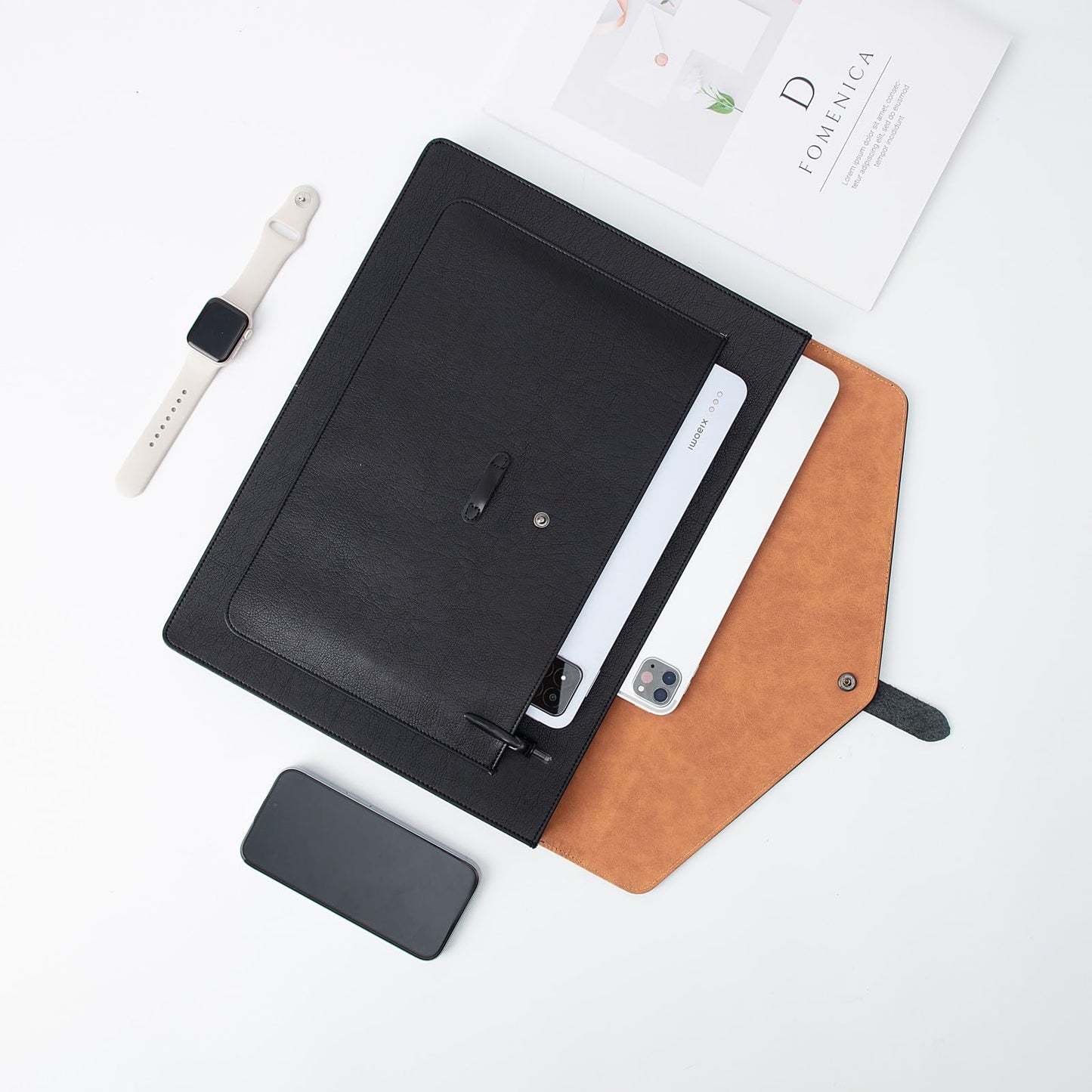 QiXin Brown PU Leather Thick File Folder, Snap Closure File Organizer, Thickened Important Document Folder with Pockets, Document Organizer, Laptop Sleeve Notebook Case, A4 Envelopes Filing Folder
