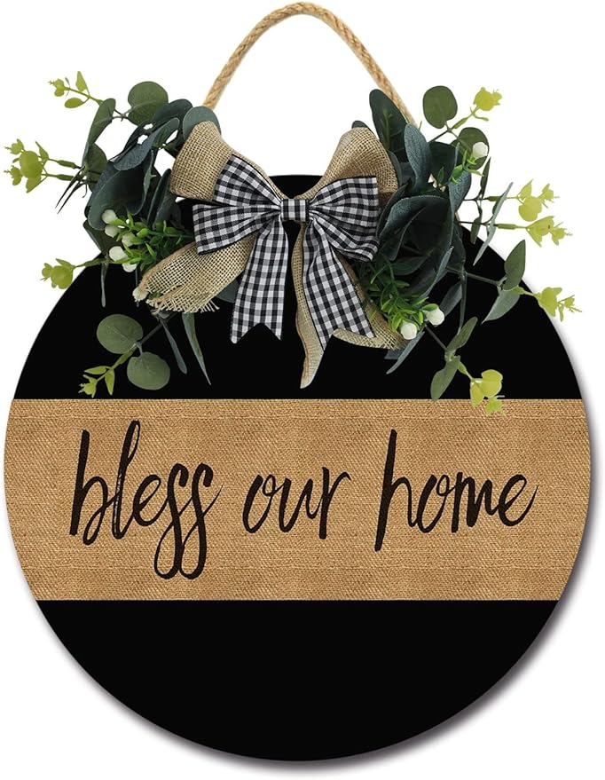 Bless Our Home Front Door Sign Funny Wreaths Hanging Wooden Plaque Decoration Round Rustic Wood Farmhouse Porch Decor for Home Front Door Decor, 12 x 12 Inch