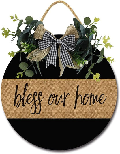Bless Our Home Front Door Sign Funny Wreaths Hanging Wooden Plaque Decoration Round Rustic Wood Farmhouse Porch Decor for Home Front Door Decor, 12 x 12 Inch