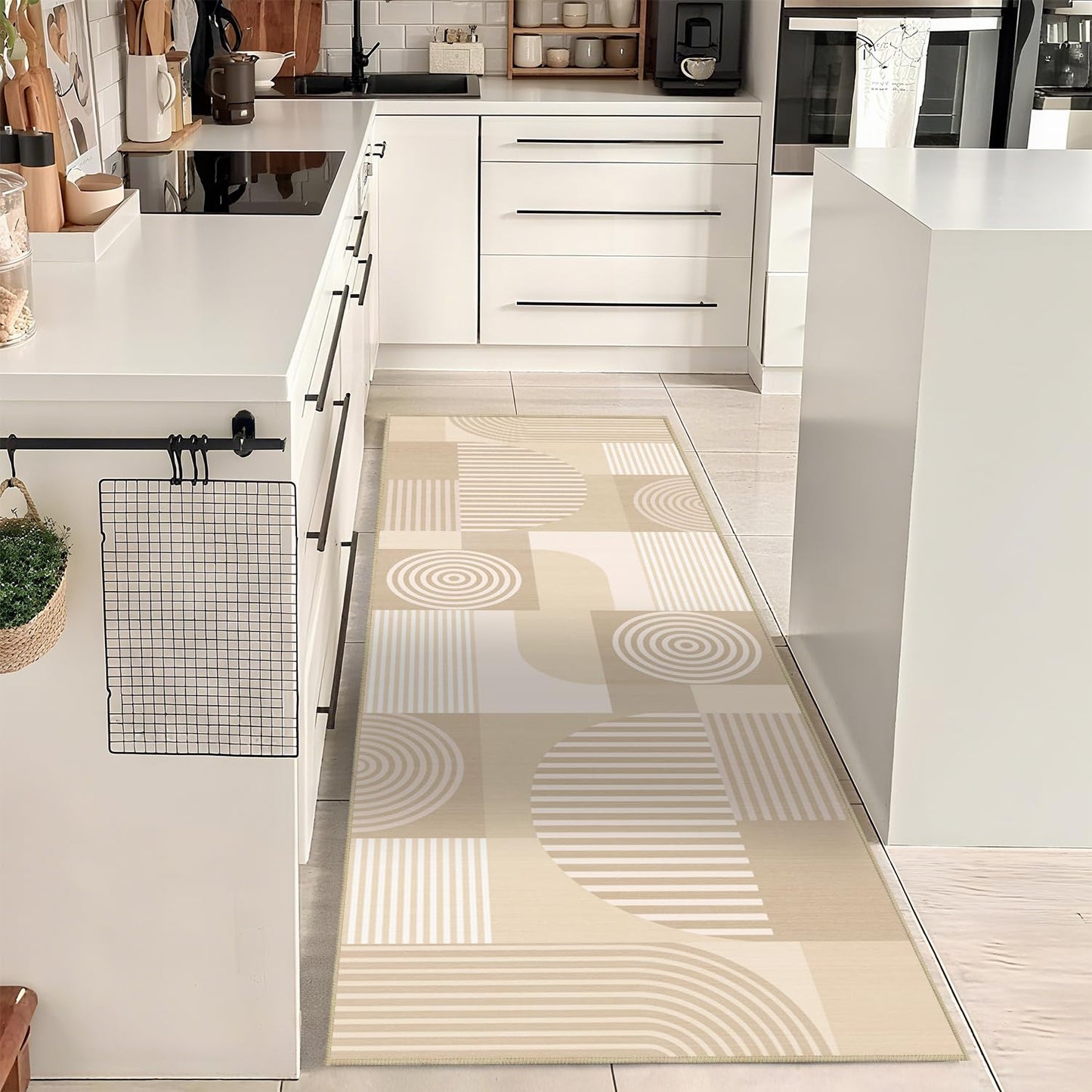 Glocmna Beige Geometric 2x6 Runner Rug for Hallway Kitchen Bedroom White Machine Washable Mid Century Modern Rug Non Slip Low Pile Minimalist Line Rugs Long Floor Mat Carpet for Bathroom Laundry,Beige