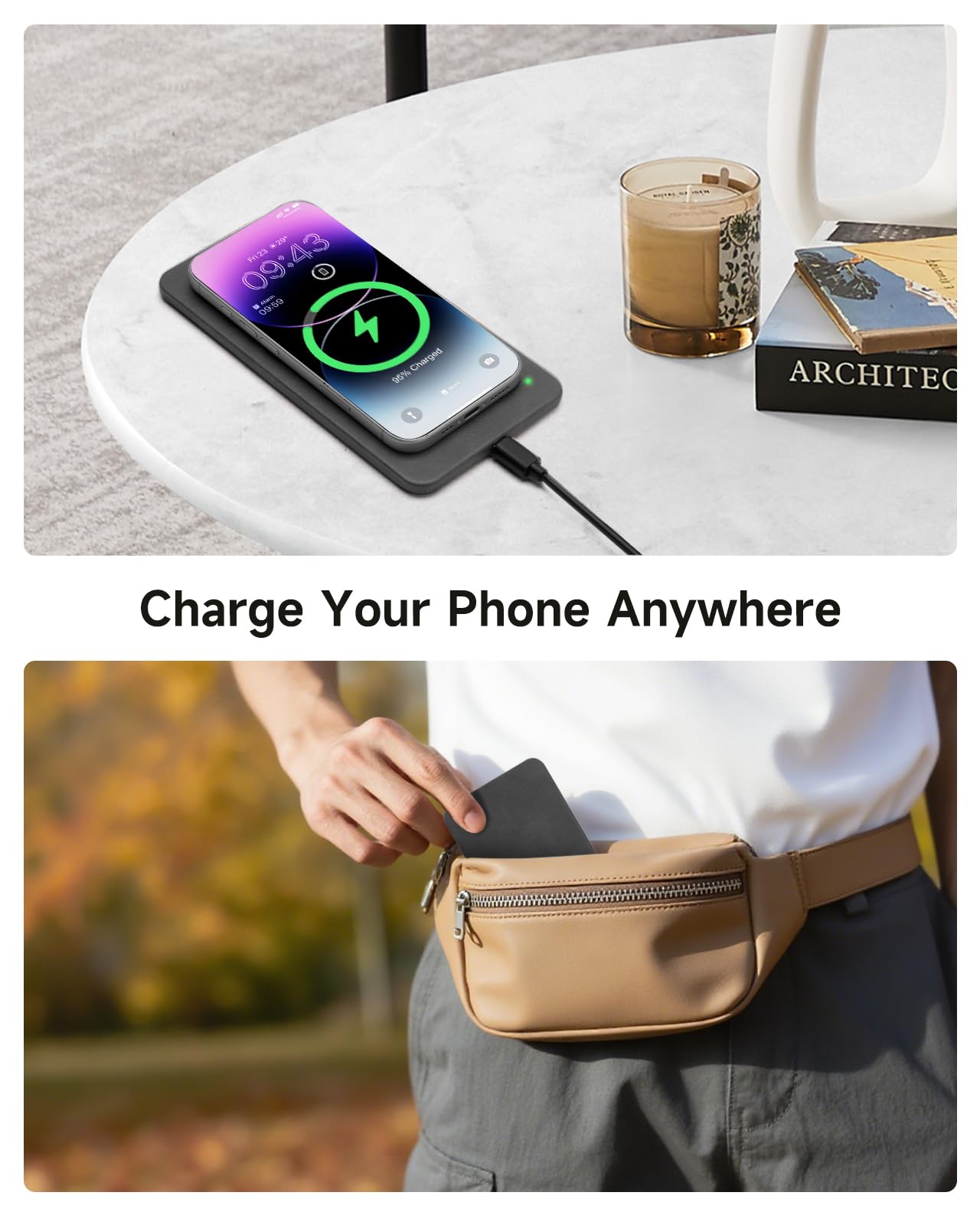 Valet Tray, Built in Wireless Charging Pad, Nightstand Organizer, Two-Toned Premium Vegan Leather Desk Bedside Caddy Organizer Tray for Keys, Watch, Wallet, Jewelry (Black+Green)