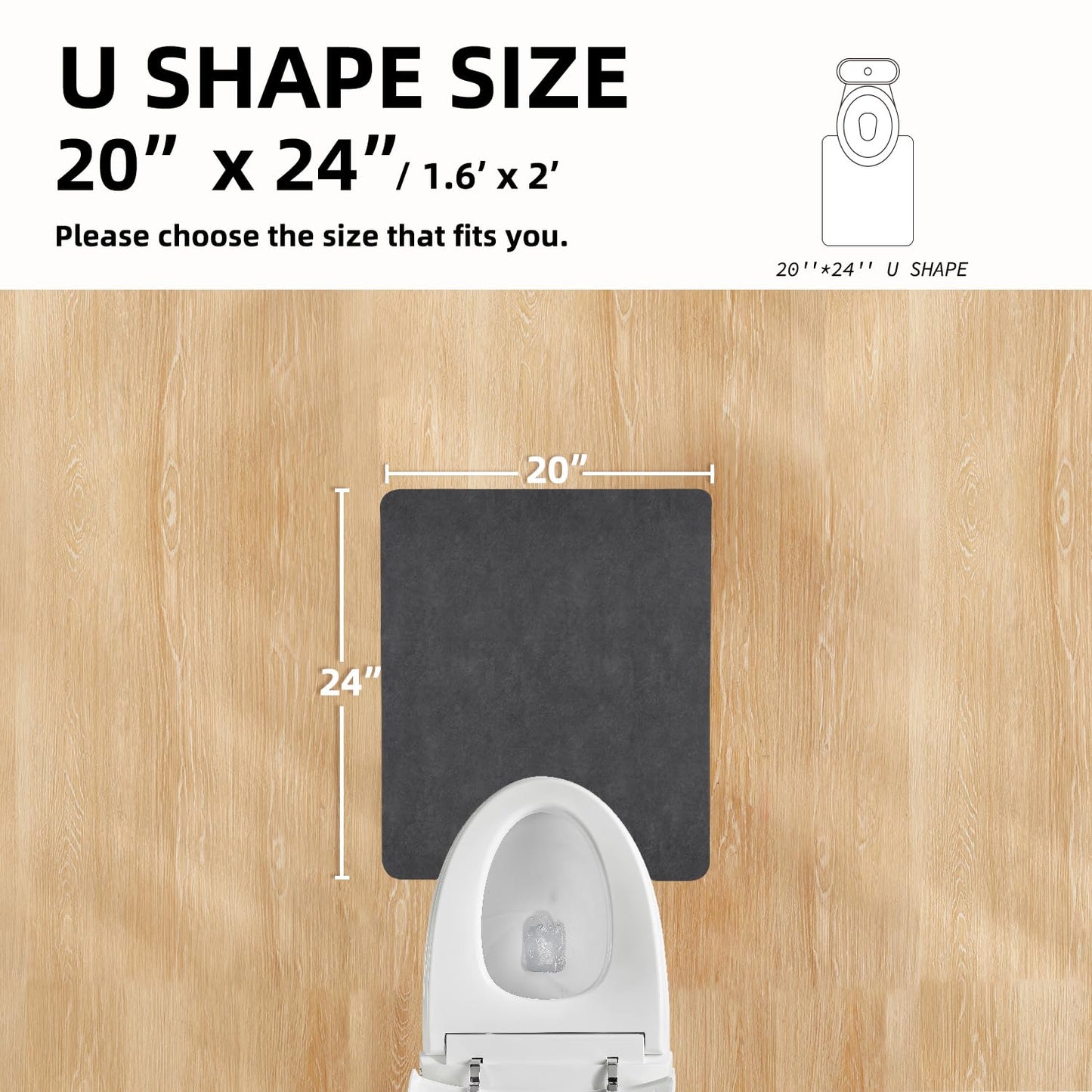 TYUU Toilet Rug, Thin Toilet Rugs U Shaped Washable Non Slip Absorbent Quick Dry Low Pile Toilet Mat, 20"x24" U Shape Black