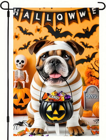Halloween Dog Garden Flag12x18 Double Sided Vertical Flag Mummy Bulldog Garden Flag for Outside Fall Halloween Decorative Flag Halloween Seasonal Holiday Yard Patio Garden Banner