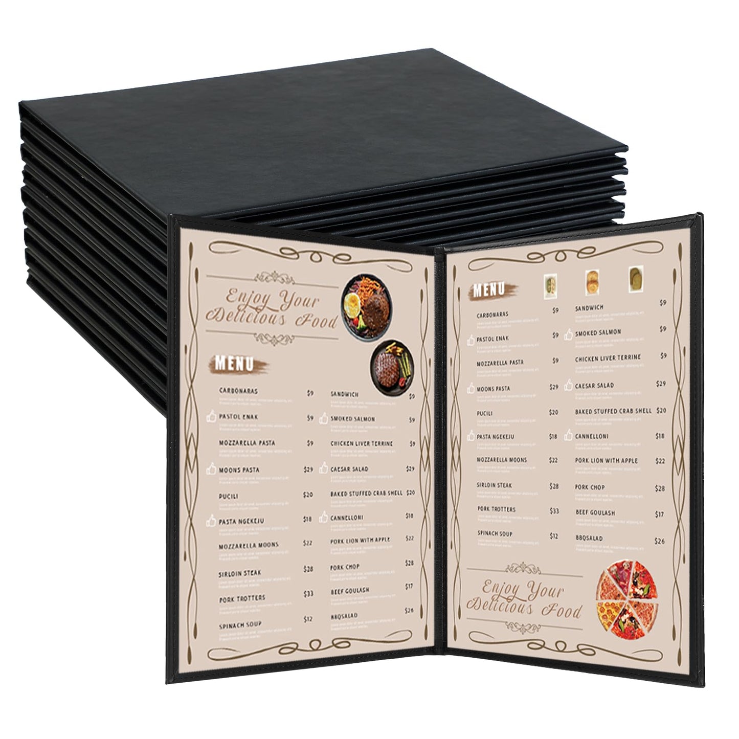 FLKQC Restaurant Menu Covers Holders 8.5" x 11" | Pack of 10 Synthetic Leather Double Fold Panels 2 View with PVC Cover for Wine List, Drinks (10, Double Fold Panels 2 View (8.5 x 11 inch))