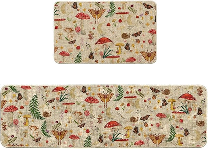 Artoid Mode Mushrooms Butterfly Spring Kitchen Mats Set of 2, Home Decor Low-Profile Kitchen Rugs for Floor - 17x29 and 17x59 Inch