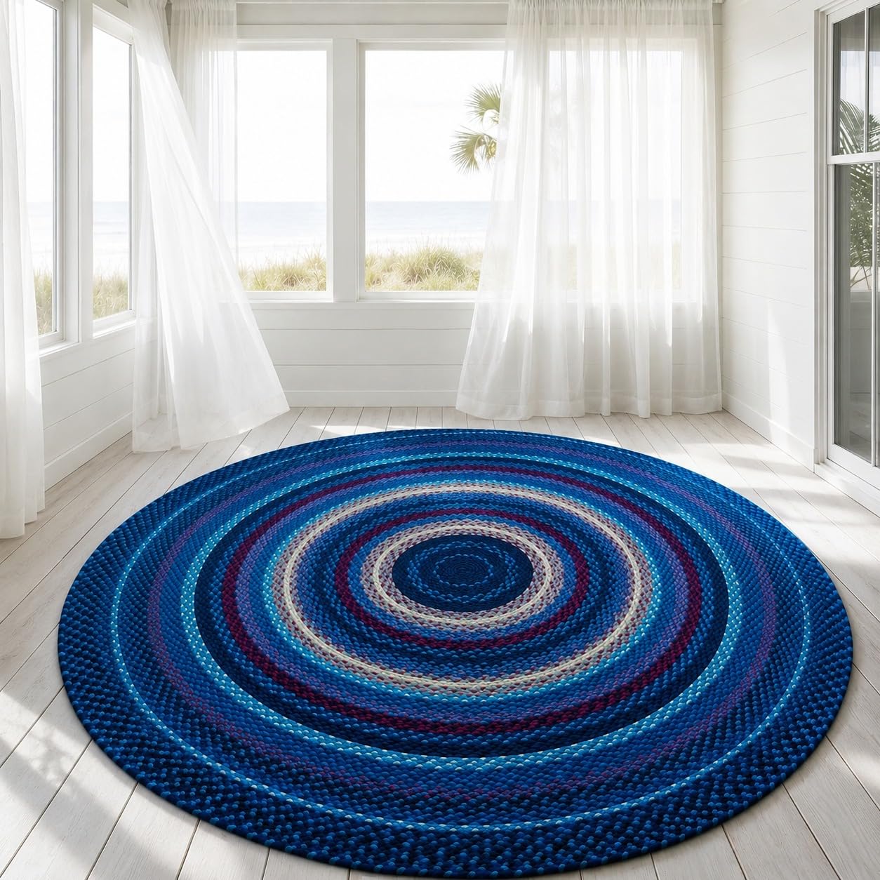 Blue Handwoven Extra Large Round Rug 9x9 Ft Braided Soft Floor Carpet for Grand Living Rooms, Couch Lounges & Open Spaces (Ready to Ship)