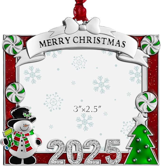 2025 Christmas Tree Ornament Picture Frame Ornament - Made of Zinc Alloy Glitter Powder Pendant 3x2.5 Inch Picture Frame for Pet and Baby Holiday Keepsake Gift (Snowman,Silvery)