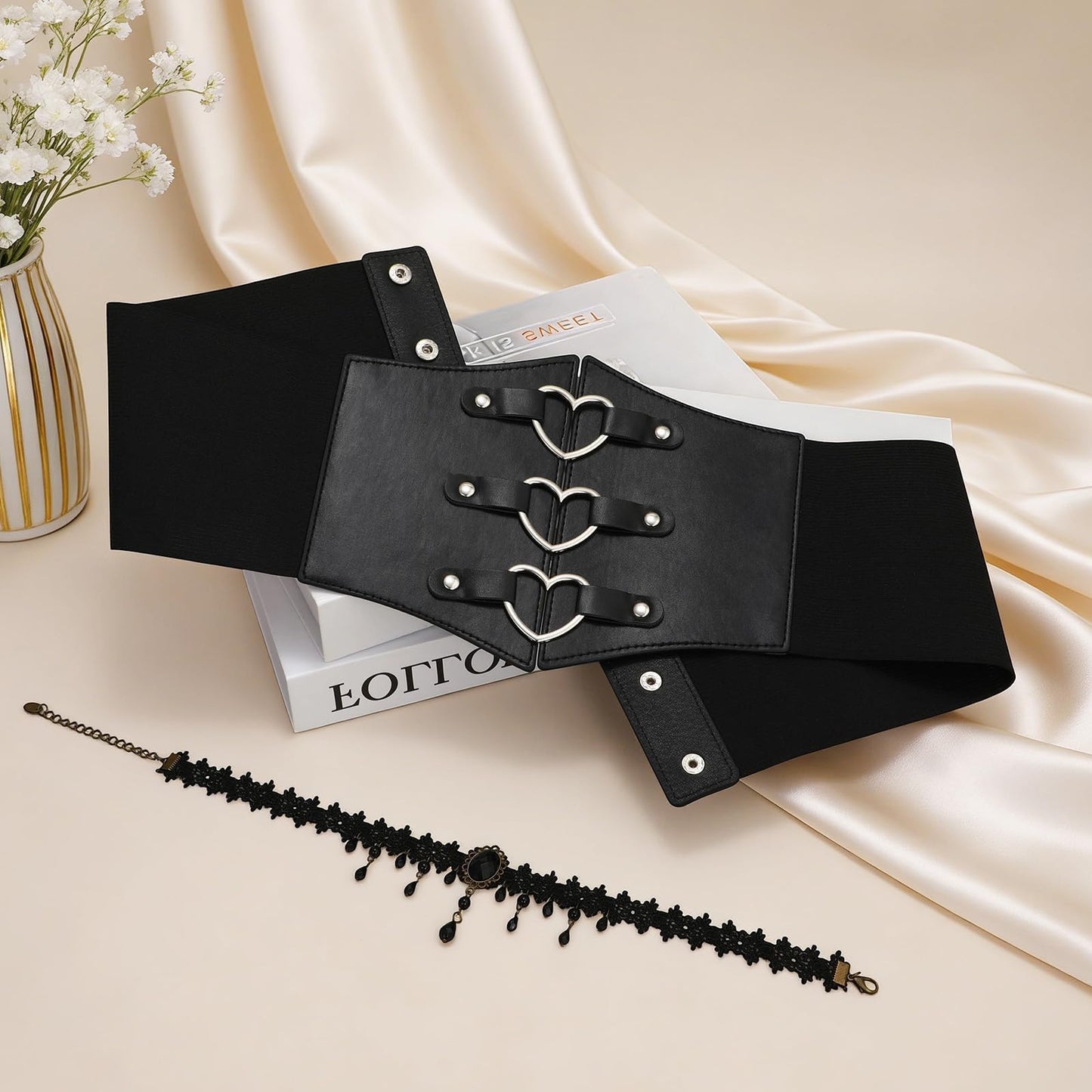 JKEEMI Women Corset Belt With Black Choker Set，Heart-Ring Wide Elastic Waist Goth Leather Corset for Daily Cosplay Halloween Costume Gifts