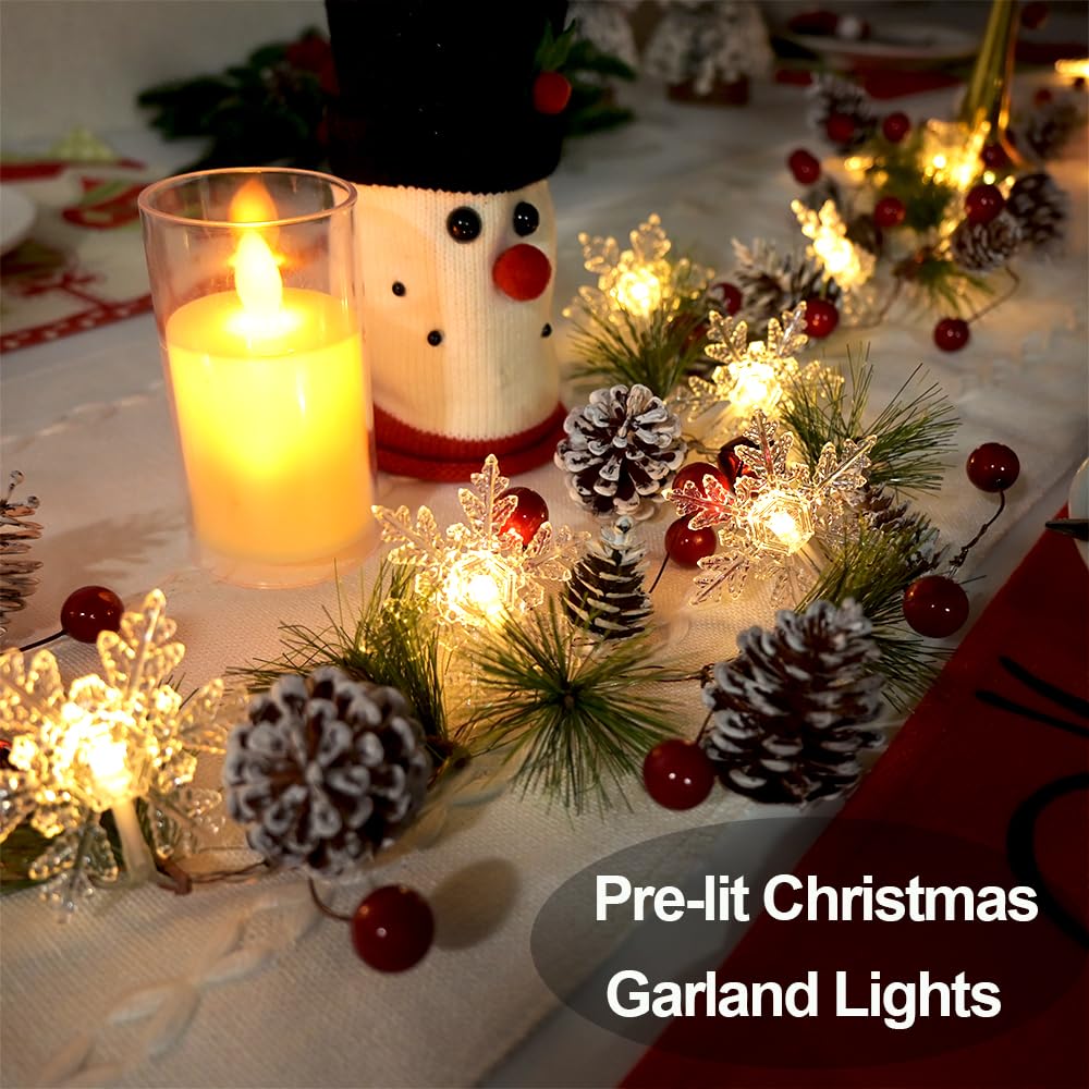 Pine Garland with Lights Christmas Garlands 6.56FT 20 Snow LED Battery Operated Garland with Red Berry and Holiday Pinecones Prelit Lights for Home Windows Fireplace Stairs Christmas Tree Decortions