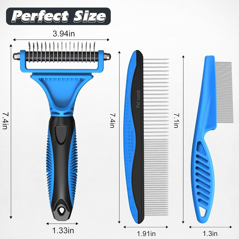 Pet Grooming Rake Set - Double-Sided Dematting Tool & Metal Comb for Cats and Dogs | Extra-Wide Deshedding Brush (Blue)