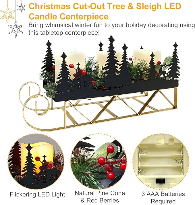 Christmas Sleigh Table Centerpieces Decorations, Xmas Black Cut-Out Tree Sleigh LED Candle Candelabrum with Timer Holiday Candle Holder for Home Party Table Mantel Decoration