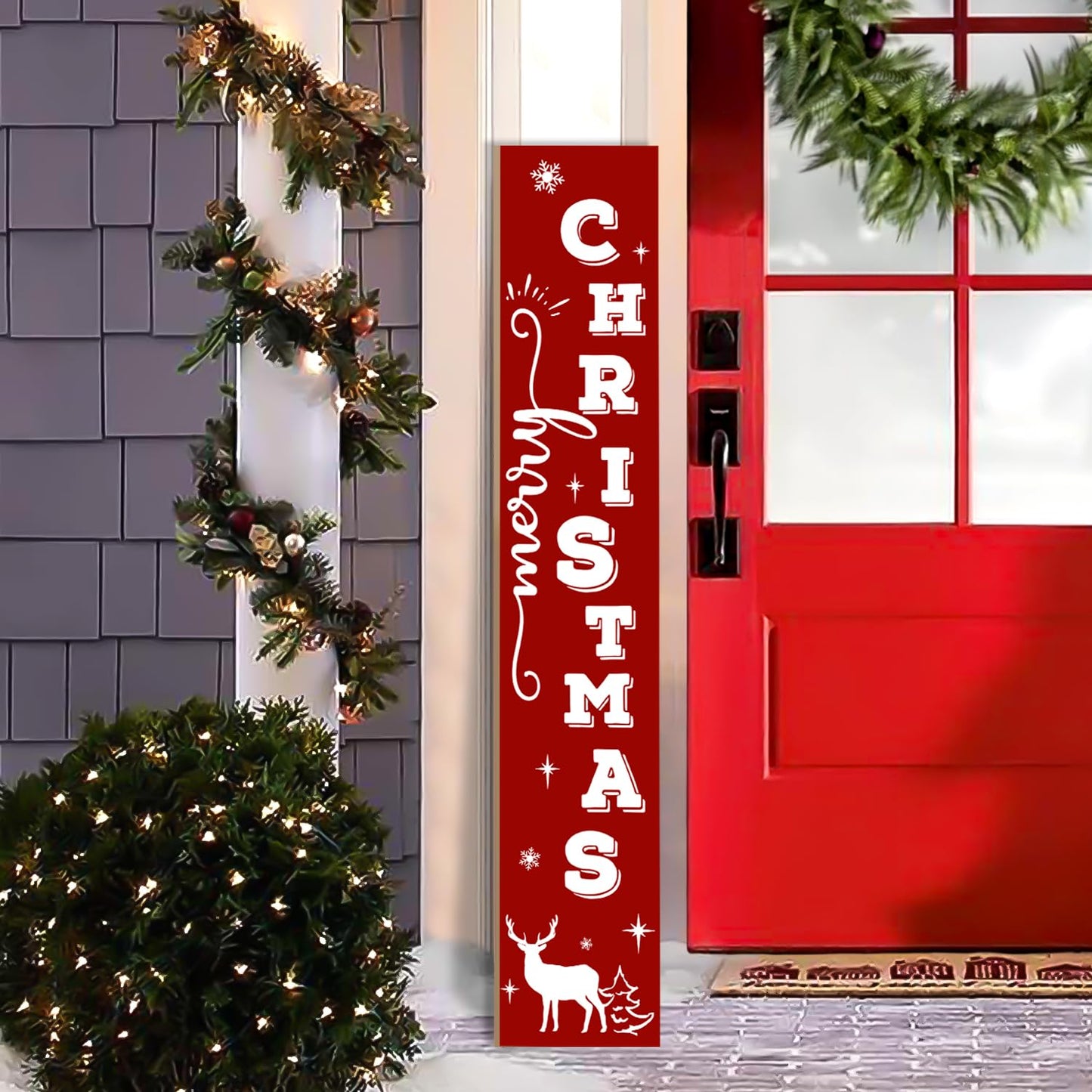 Merry Christmas Wooden Welcome Sign Vertical Porch Sign - Reindeer Snowflake Forest Wooden Wall Art Sign - Christmas Hanging Signs Decorations for Front Door Wall Display，47.2" H