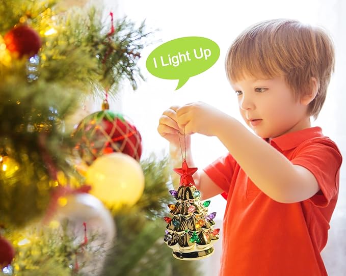 B SEPOR Set of 3 Mini 4.5" Inch Nostalgic LED Ceramic Christmas Tree with Lights Xmas Tree That Light Up Hanging Ornaments White Golden Green Assorted for Holiday Decoration and Gifts