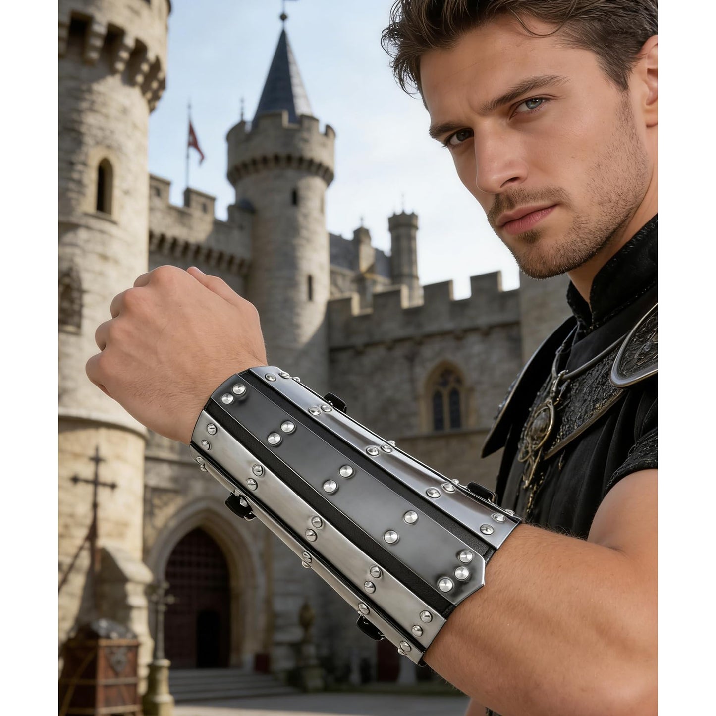 HZMAN Adults Faux Leather Arm Guards - Medieval Metal Armor Style Bracers - One Size - Leather Armband Pair