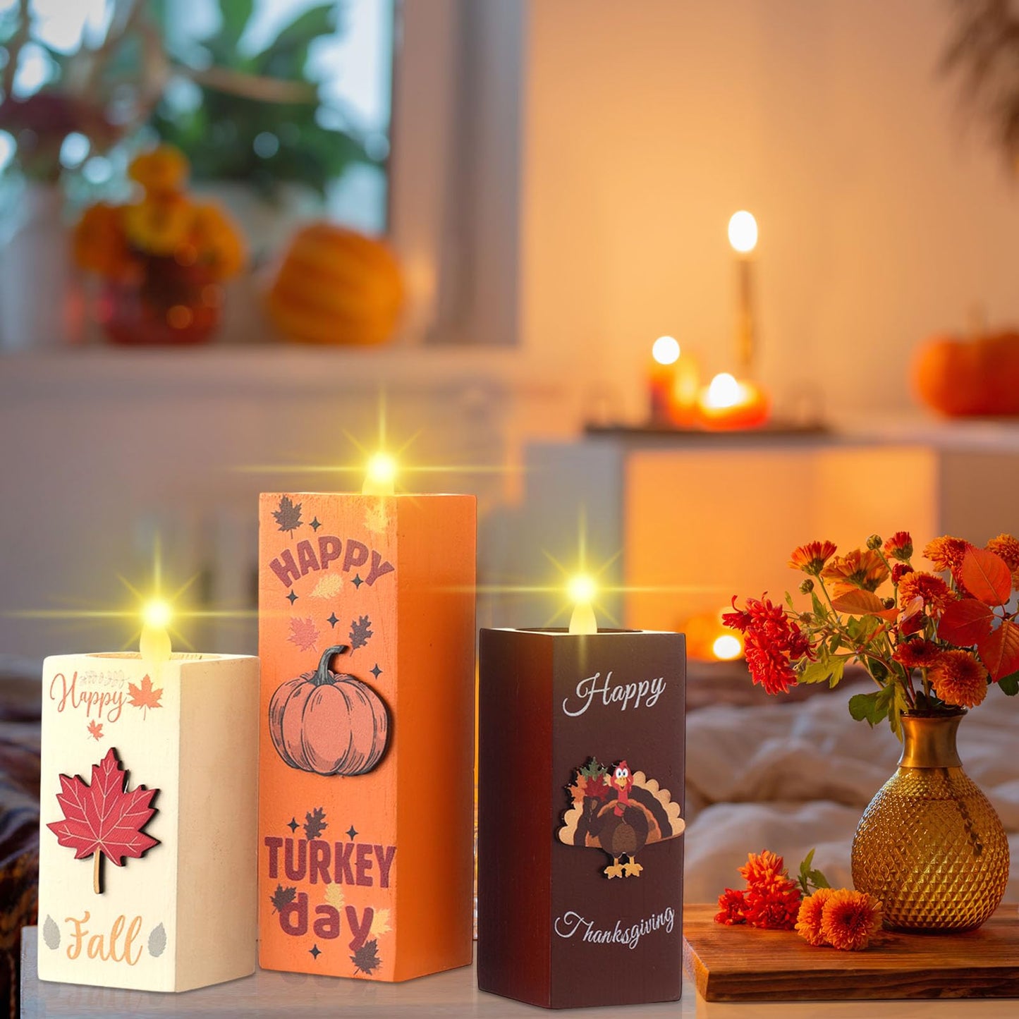 SiliFine 3 Pcs Thanksgiving Table Centerpieces Fall Candle Holders Thanksgiving Decorations Wooden Tealight Candle Holders Rustic Table Centerpieces for Home Office Holiday Decor Gifts