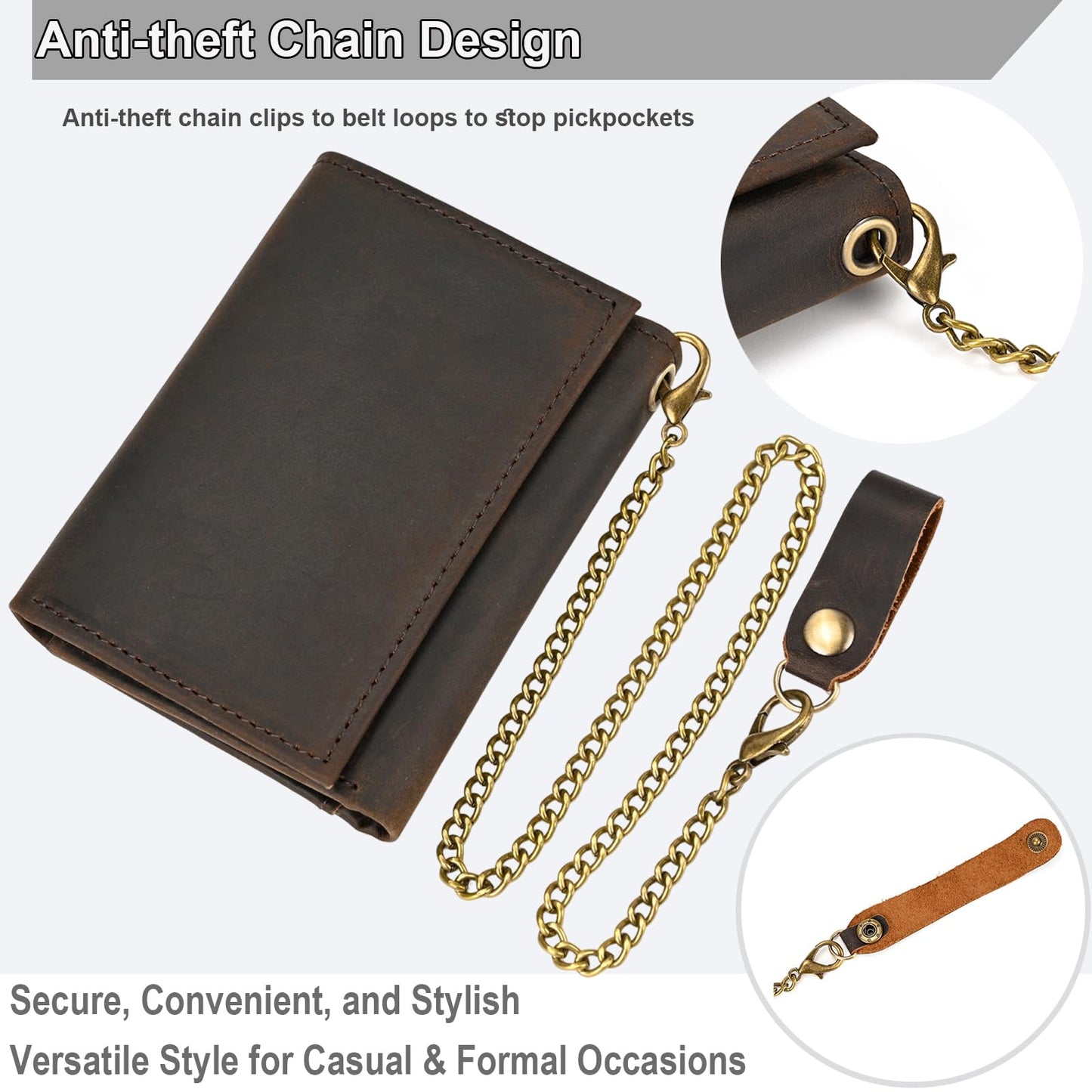 Yevabo Men's Full Grain Leather Trifold Wallet with Chain - Vintage Full Grain Leather Short Purse for Men with Multi-Card Slots, ID Window, Key Holder, Dark Brown