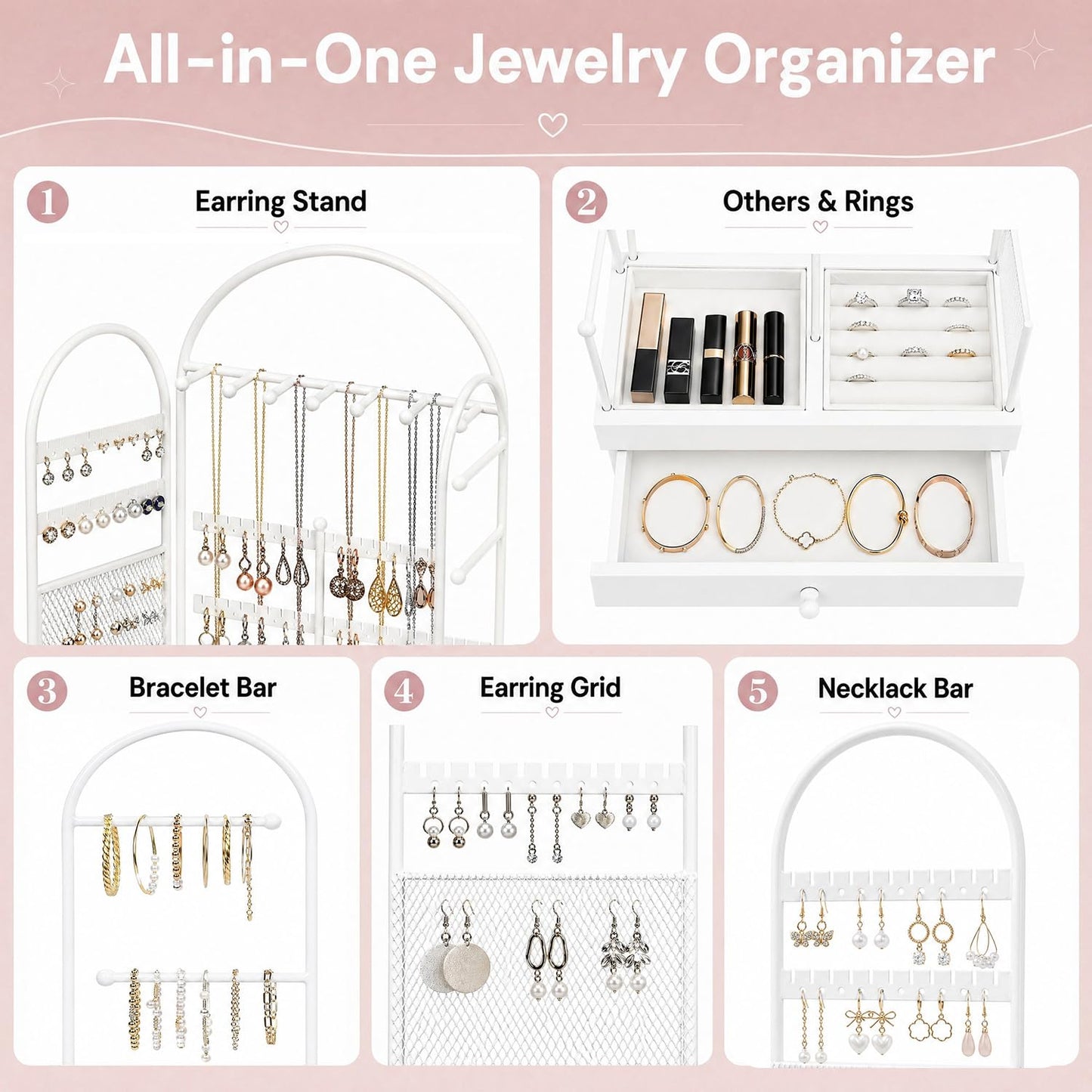 TerraKit White Vanity Jewelry Organizer Stand with Drawer, Earring Holder and Necklace Bracelet Organizer, Metal & Wood Jewelry Display Stand for Earrings, Rings, Bracelets, Dresser & Bedroom