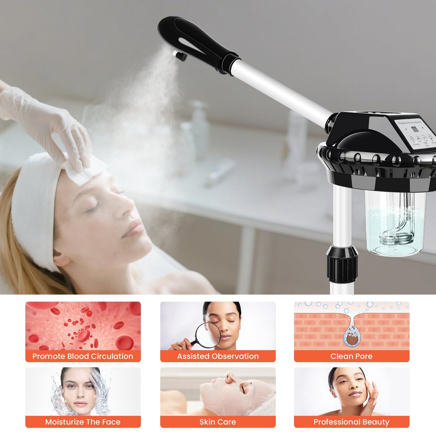 Professional Facial Steamer, Face Steamer on Wheels, SPA Ozone Steamer, Standing Face Steamer for Spa, Salon and at Home Use