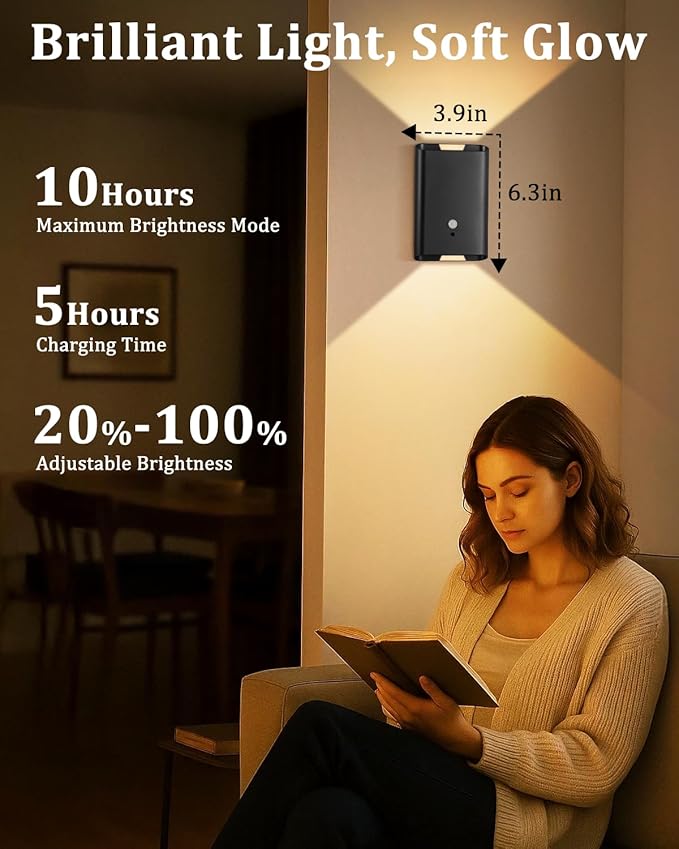 Motion Sensor Wall Light - Remote Control Battery Operated Wall Sconce 6000mAh Rechageable Lamps Brightness Adjustable 3 Color Temperature, Wall Decor for Bedroom Living Room(Black 2pcs)