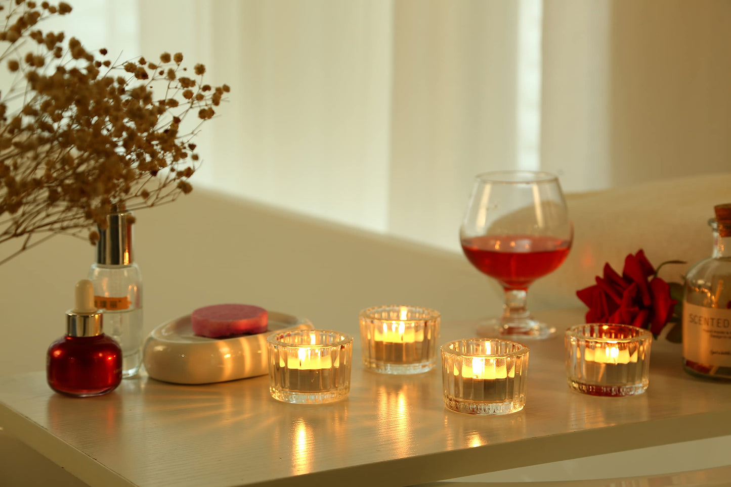 GOLDEAL Round Tealight Candle Holders,Set of 24 Clear Thick Glass Tea Light Candle Holder Decor,Candlestick for Wedding Decor,Party,Baby Shower Party,Bridal Shower Party,Table Centerpiece, Home Décor