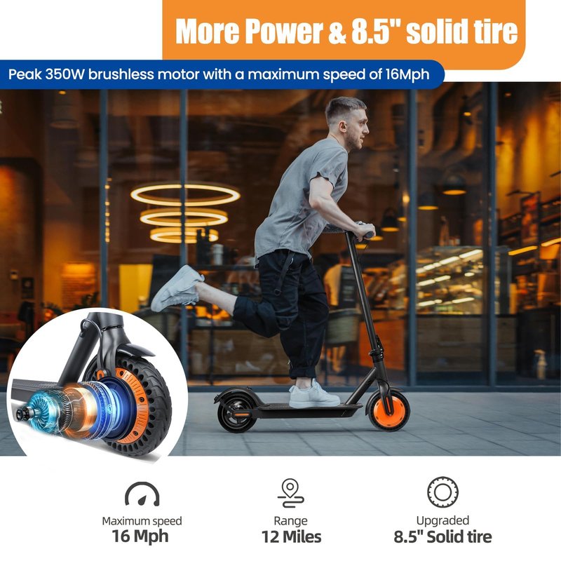 Foldable Electric Scooter for Adults & Teens - 350W Motor, 16MPH Top Speed, 12Miles Range | 8.5” Solid Tires, Dual Brakes & APP Cruise Control, Ideal Commuter Escooter for Daily Use