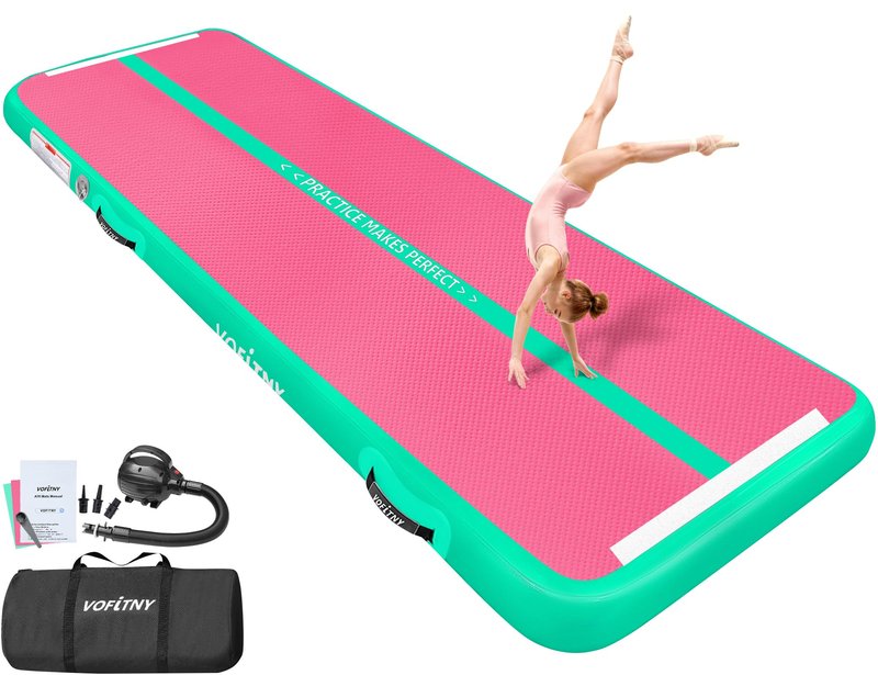 VOFiTNY All Purpose Gymnastics Air Mat 10’x3.3’x4’’ Sturdy Tumble Track for Home/Gym Pink/Green