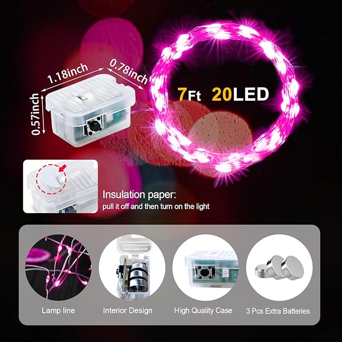 pozzolanas 12 Pack Pink Fairy Lights Battery Operated 3 Modes 7FT 20 LED Waterproof String Lights Twinkle Silver Wire for Mason Jars Wedding Christmas Halloween Part Decor (12, Pink)