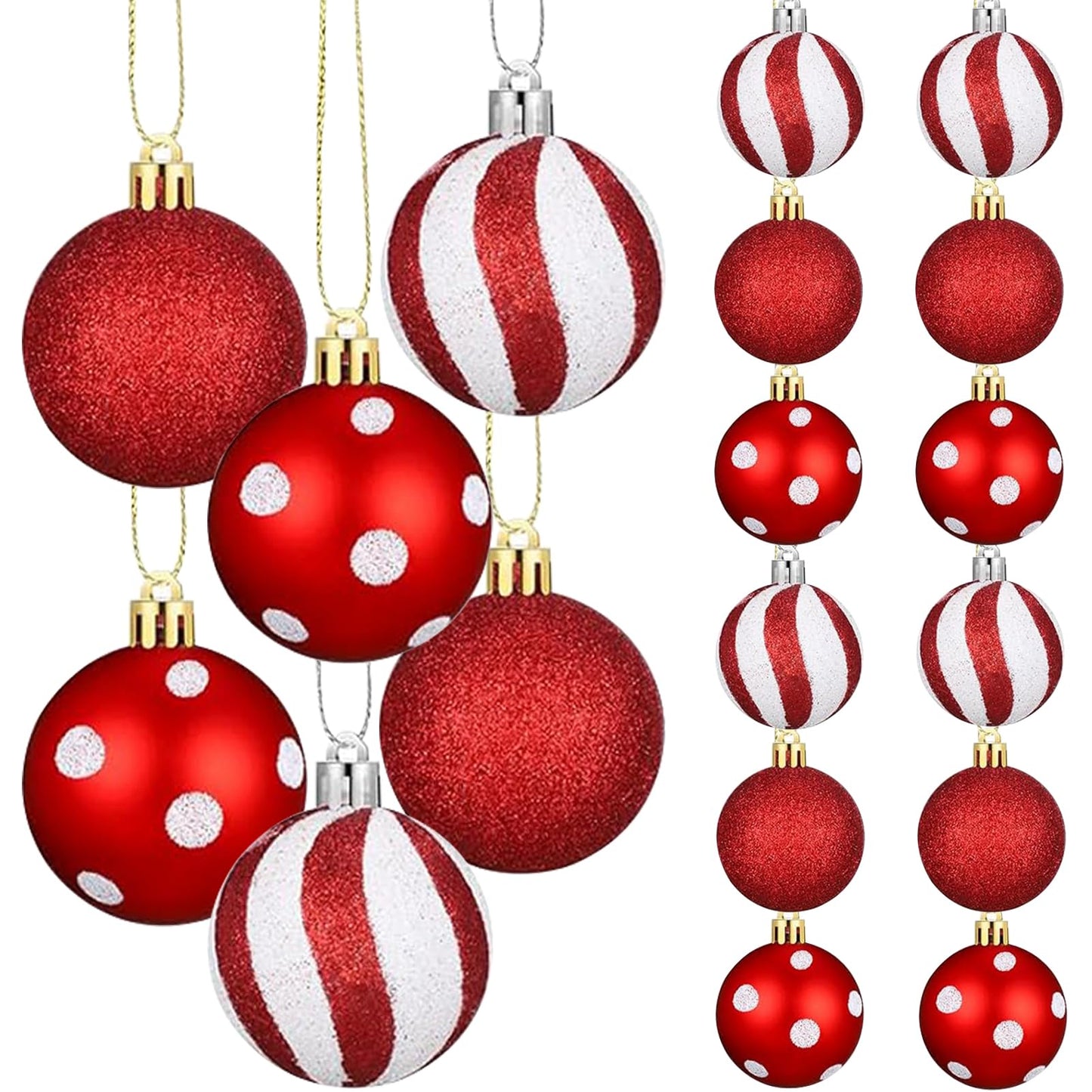 24Pcs Christmas Balls Ornaments Red White Polka Dots Stripes Decor 2.36Inch