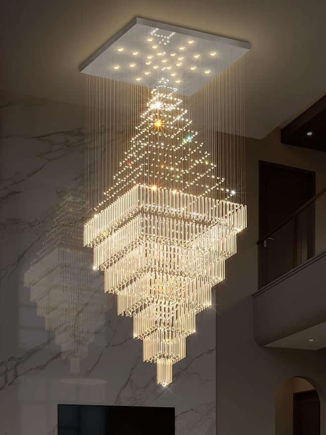 Flashing God D59''X H120'' Extra Large Chandeliers for High Ceilings Crystal Raindrop Chandeliers Large Villa Chandelier Entrance Foyer Crystal High Ceiling Light LED Dimmable 2700K-6000K Quadrate